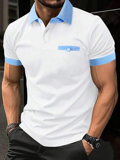 Manfinity Mode Men's Contrast Color Polo Shirt, Suitable For Outings, Office Wear Men Casual White Sets White Polo Shirt For Men Greece Vacation Outft Men Men White Tops White Blue T-Shirt For Men Old Money,Daily Leisure, Weekend Trips, Outdoor Activities, Travel Expeditions, Relaxed Work Environments Or Semi-Formal Occasions, Boyfriend/Husband Gift, Anniversary /Birthday Gift Party Summer Vacation Holiday,Wedding,Spring To Summer Men Cruise Outfit Yacht Outfit Men Men Beach Outfit Set