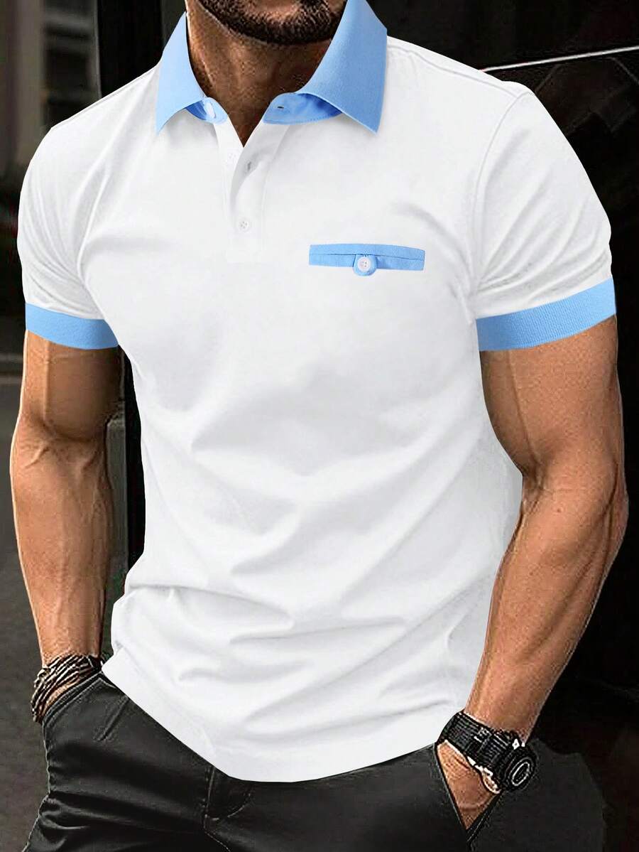Calvornis 男士對比色淺藍白配色 Polo 衫,夏季休閒高爾夫辦公穿搭,白色上衣,適合希臘度假、海灘、老錢風 - 白色 - 查看 1