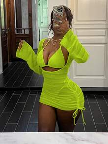 Vaytide 1件春夏新款荧光绿纹理面料高弹性感镂空侧边修身紧身连衣裙，适合派对、郊游、航海、度假、海滩等场合，女士浪漫度假罩衫，荧光绿性感连衣裙 - 綠色 - 查看 5