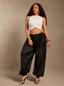 Vixey Sheer Chiffon With Partial Lining Adjustable Drawstring Waistband Balloon Shape Pants - Black - View 3