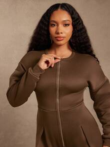 Vixey Heavy Weight Fleece Sweatshirt Long Sleeve Wide Leg Jumpsuit - Brown - View 5