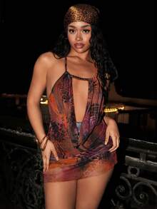 Zestiva Nuevo mono de vestir para traje de baño de mujer, tela de malla estampada sexy para playa y vacaciones, primavera/verano - Multicolor - Ver 9