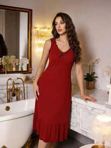 Modelyn 女士针织纹理蝴蝶结饰褶边宽松细肩带休闲睡袍娃娃裙蝴蝶结 - 紅色 - 查看 1