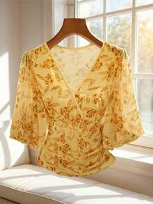 Franclia 女士优雅V领收腰印花T恤，春夏款 - 彩色 - 查看 1