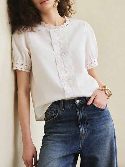 Écloséra 法式复古风白色蕾丝拼接衬衫，优雅短袖修身款