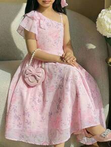 SHEIN 少女夏季碎花不对称肩连衣裙 - 粉色 - 查看 4