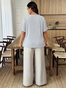 Weeklong Plus Size Women's Floral Patchwork Ruffle Trim Loose Short Sleeve Blouse, Spring/Summer - Baby Blue - View 2