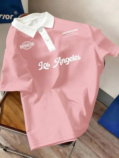 Manfinity Joysei Camisa polo de manga corta casual y versátil con estampado de letras para hombres