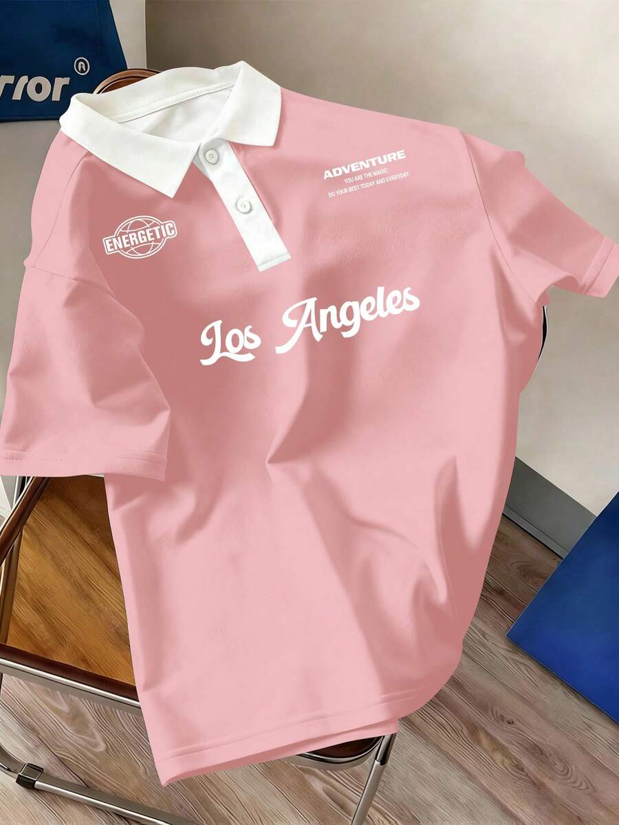 Manfinity Joysei Men's Letter Print Casual Versatile Commuting Short Sleeve Polo Shirt - Baby Pink - View 1