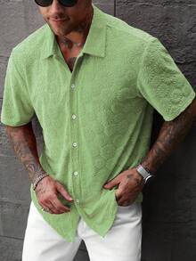 Genlund Men's Solid Color Textured Jacquard Short Sleeve Shirt, Holiday - Green - View 5