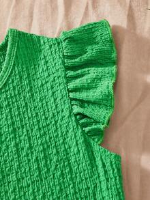 SHEIN Set de 2 piezas para niñas preadolescentes: Top de cuello redondo texturizado con mangas abullonadas y pantalones rectos con estampado, estilo casual de vacaciones, adecuado para uso diario y vacaciones en primavera/verano - Verde - Ver 4