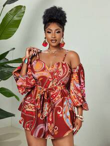 Maweii Plus Size Digital Print Elegant Off-Shoulder Backless Jumpsuit - Red - View 3