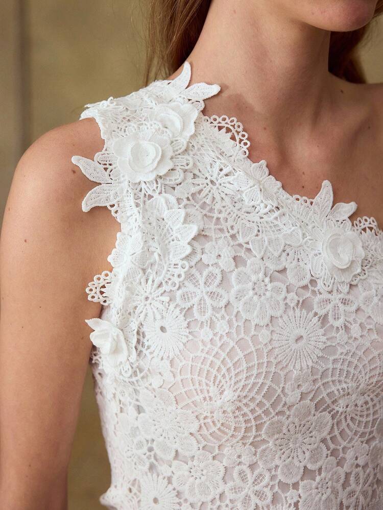 ASYMMETRIC FITTED ELEGANT ROSE LACE TRIM SLEEVELESS TOP FOR WOMEN