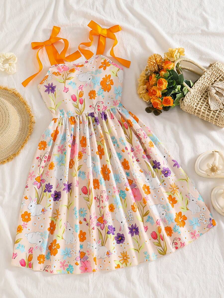 Young Girls Elegant Orange Floral Dress,Summer Boho Vacation Holiday Little Rabbit Print,Thin Shoulder Strap A-Line Ruffle Trim Bow Spring Sun Dress - Orange - View 1