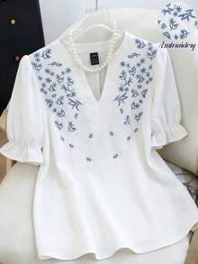 SHEIN Franclia 女士翻领常规肩短袖碎花宽松休闲衬衫，夏季 - 白色 - 查看 7
