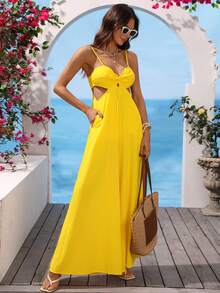 Vivid Eden Women's White Cutout Wide-Leg Jumpsuit, Summer Casual Sexy Spaghetti Strap Sweetheart Neck Waist Twist Hollow Out Holiday For Beach Golf Vacation - Yellow - View 5