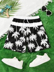SHEIN Kids/Tween Boys' Casual Everyday Comfortable Loose Coconut Tree Print Swim Trunks - Black and White - View 4