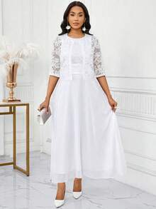 SHEIN Lady Women's Floral Lace Front Open Blouse And Sleeveless Dress Elegant 2 Pieces Set - White - View 7