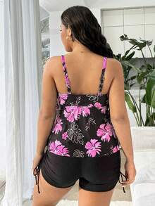 Swim Lushoire Plus Size Women 2pcs Tropical Floral Print Tankini Swimwear, Modest Ruched Skirt Swimdress, Slimming Backless Bathing Suit - Black - View 2