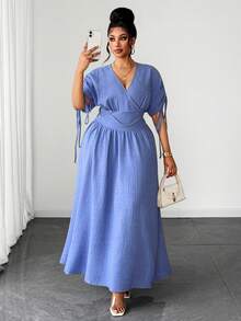 Maweii Vestido largo elegante con escote en V y mangas cortas que realza la cintura - Azul - Ver 4