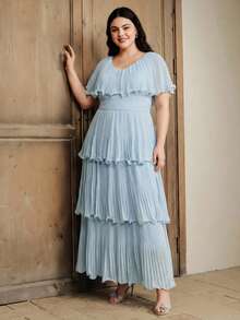 Anewsta Vestido plisado de línea A con cuello en V elegante, cintura ceñida y mangas de murciélago para mujeres de talla grande - Azul - Ver 4
