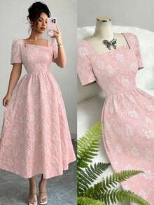 Elenzga Váy midi họa tiết hoa dệt vải trơn màu ngắn tay không đối xứng buộc lưng thời trang trẻ trung, vừa vặn, thoải mái khi đi làm, ôm eo, thanh lịch, đa năng - Hồng - Xem 3