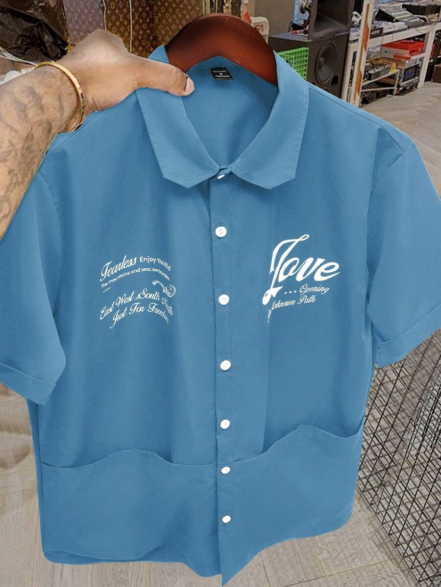 Manfinity Roghcode Men's Casual Short Sleeve Shirt, Pocket Design, Loose Fit, Fashion & Versatile, Suitable For Commuting, Outdoor Activities, College, Holiday Gift - Baby Blue - View 1