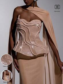 Elitara Jupe sirène élastique froncée en tricot patchwork de sequins élégante et luxueuse, convient pour le mariage, la fête, les vacances, le bal de promo, la robe de soirée - Kaki - Voir 10