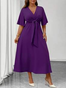Elenzga Vestido maxi de línea A con cuello en V, volantes y mangas cortas, con cintura anudada, para uso diario, talla grande - Morado - Ver 3