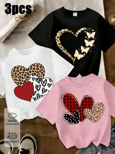3件套女童休闲时尚创意别致清新简约豹纹、碎花、格子、爱心、波点、星星、蝴蝶图案短袖T恤，白色、黑色、粉色可选，舒适日常穿着，适合温暖的夏秋款式。