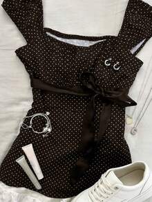 Glimmora Áo nữ tay ngắn cổ vuông thắt eo - Cà phê nâu - Xem 4