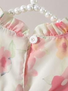 SHEIN Baby Girls' Fashionable Casual Floral Print Bow Decor Cake Dress, Suitable For Spring, Summer, Autumn, Home, Vacation, Festivals, Parties, Daily Wear - Apricot - View 5