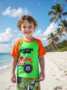 Young Boys Monster Truck Print Swimsuit Set,Cartoon Car Quick-Drying Swimwear,Raglan Sleeve Top & All-Over Print Shorts,Children's Summer Beach Outfit - Multicolor - View 5