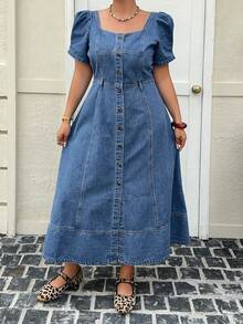 Dazy Plus Đầm maxi denim ôm dáng, cổ vuông, tay cánh hoa, màu xanh đậm, thích hợp cho mùa xuân/hè. - Rửa nhẹ - Xem 8