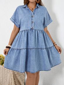 EMERY ROSE EMERY ROSE Plus Size Solid Color Minimalist Casual Short Sleeve Denim Dress - Light Wash - View 3