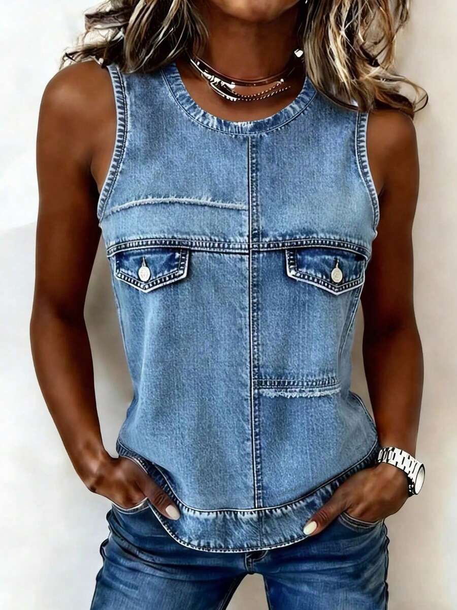 EMERY ROSE Women's Casual Denim Print Round Neck Tank Top - Multicolor - View 1