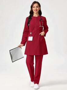 TaskEZ Button Front Pocket Scrub Uniform Set - Burgundy - View 5