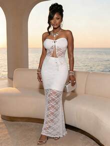 SHEIN LUNE 女士时尚性感蕾丝拼接抹胸上衣和半身裙两件套，适合日常外出、聚会、派对、音乐节、夜店、酒吧、海滩度假、春夏白色度假套装，包括钩针编织长裙、白色蕾丝长裙、沙滩白色连衣裙和白色沙滩裙。 - 白色 - 查看 4