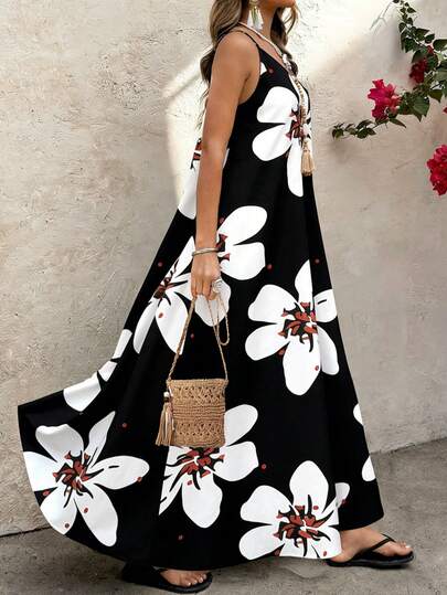 Breezaya Plus Size Elegant Sleeveless V-Neck Maxi Dress, Mature Vibe Beach Vacation Floral Print Vacation Outfits Women Dress Women Maxi Dresses Long Casual Dresses For Woman