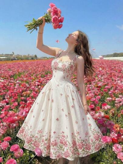 SHEIN MOD Vestido largo estampado de estilo retro para primavera/verano en talla grande, vestido romántico de vacaciones, vestido con cinturón.