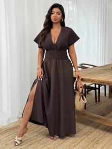 Weeklong Plus Size Women Shirred Sleeveless Drawstring Waist A-Line Casual Dress, Spring/Summer - Coffee Brown - View 4