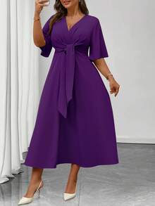 Elenzga Vestido maxi de línea A con cuello en V, volantes y mangas cortas, con cintura anudada, para uso diario, talla grande - Morado - Ver 5