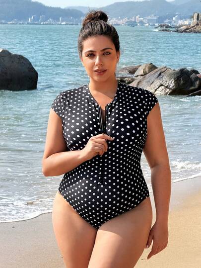 Swim SPRTY Traje de baño de una pieza para mujer talla grande, traje de surf con estampado de lunares, con cremallera frontal, mangas con capucha, lindo y de moda para la calle, fiestas, playa, piscina, natación, surf