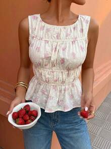 Serisse Women's Round Neck Sleeveless Ruffle Embroidery & Floral Print BlouseFrench Summer Pink Embroidered Floral Print Sleeveless Ruffle Hem Blouse, Sweet Shirred Waist Design, Ideal For Daily Outings/Countryside Dates,Summer Top,Beach Outfit,Casual Blouses For Women,Vacation Outfits Women,Ruffle Dress,Pink Blouse Women's Tops For Summer Nice Top To Go With Jeans Summer Casual Tops Summer Tops To Wear With Jeans - Baby Pink - View 3