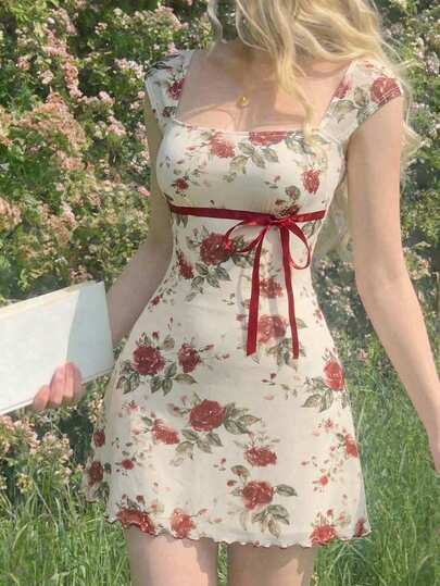 SHEIN MOD Bow Knot Pleated Mesh Floral Print Dress, Vacation Outfits,Summer Dress,Floral Dress,Picnic,Garden Party Dress,Party Dress,Tea Party Dress,Pink Dress,Casual Dresses,Going Out, Picnic Dress, Cottagecore Dress,Summer Dress,Spring Dress,Pink Dress Pink Tea Party Dress Pink Flower Dress Rose Dress, Short Floral Dress, Milkmaid Dress,Holiday,