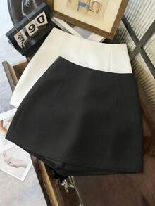 Franclia Petite 女款保守黑色高腰A字裙褲，夏季辦公休閒開衩下擺短褲，內襯修身布料迷你裙，極簡時尚寬腿褲，適合嬌小女性 - 黑色 - 查看 2