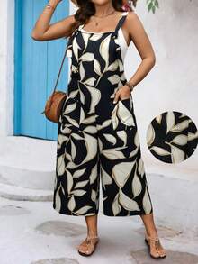 SHEIN LUNE CURVE Plus Size Drawstring Pocket Decor Straight Leg Jumpsuit - Multicolor - View 3