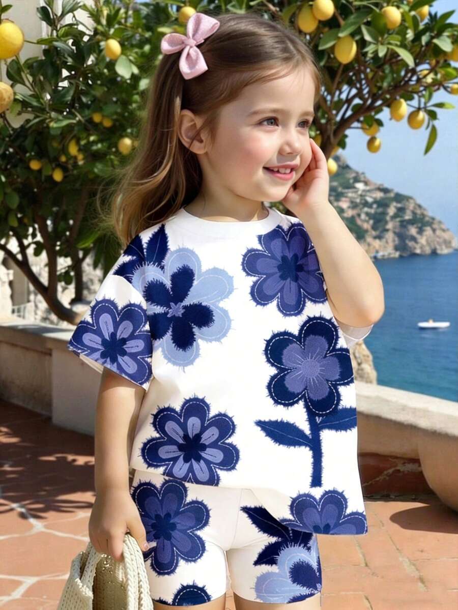 Spring And Summer 2-Piece Outfit For Baby Girls, Casual Fashionable Creative Floral Print T-Shirt And Bike Shorts Set, Comfortable Daily Wear - Multicolor - View 1