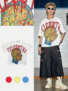 ROMWE MEN Grunge Punk Camiseta de manga de murciélago con cuello redondo y estampado de personaje de moda para verano para hombres - Gris - Ver 12