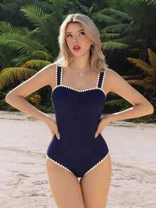 Swim Mod Women's Beach Outfit, Simple & Elegant Solid Color Ribbed Fitted One-Piece Swimsuit For Summer - Navy Blue - View 3
